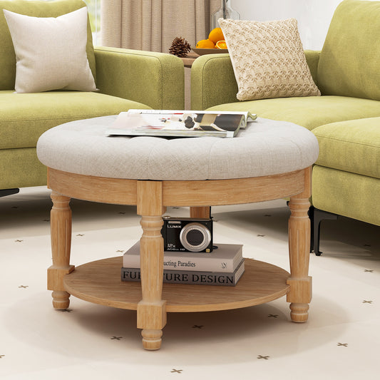 29 Inch Large Round Ottoman Coffee Table 2-Tier Upholstered Tufted Footrest Ottoman with Flip-up Top-Beige