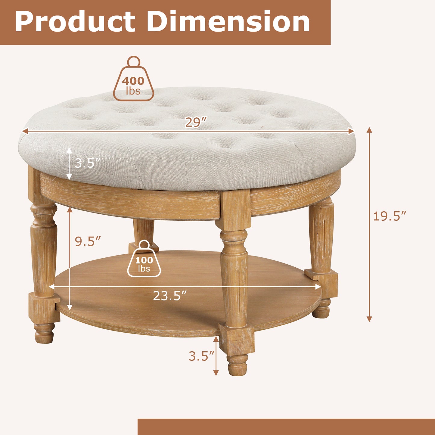 29 Inch Large Round Ottoman Coffee Table 2-Tier Upholstered Tufted Footrest Ottoman with Flip-up Top-Beige