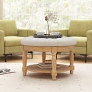 29 Inch Large Round Ottoman Coffee Table 2-Tier Upholstered Tufted Footrest Ottoman with Flip-up Top-Beige