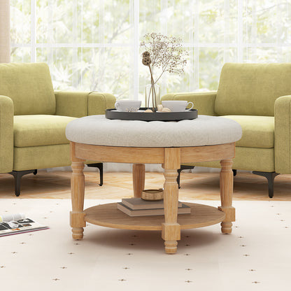 29 Inch Large Round Ottoman Coffee Table 2-Tier Upholstered Tufted Footrest Ottoman with Flip-up Top-Beige