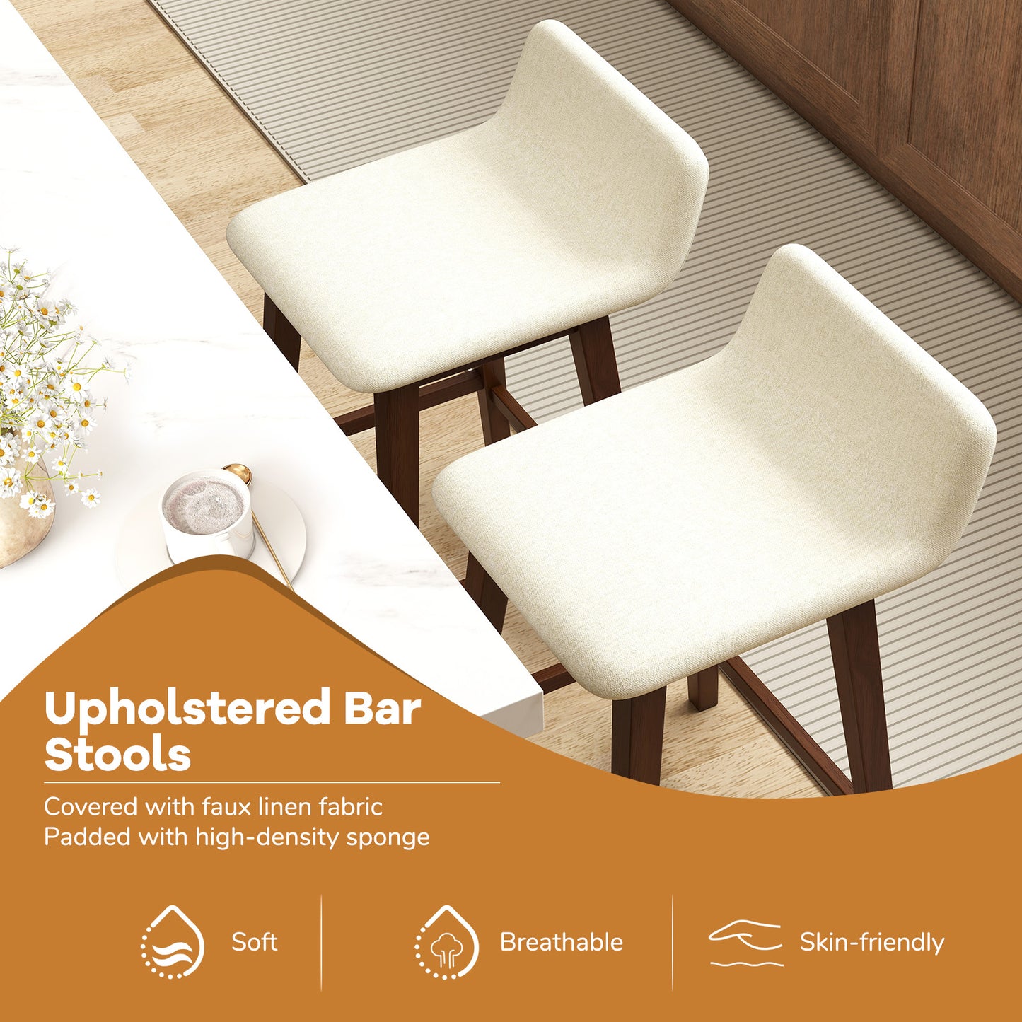 29 Inch Low-Back High-Top Chairs with Padded Seat and Rubber Wood Legs-Brown