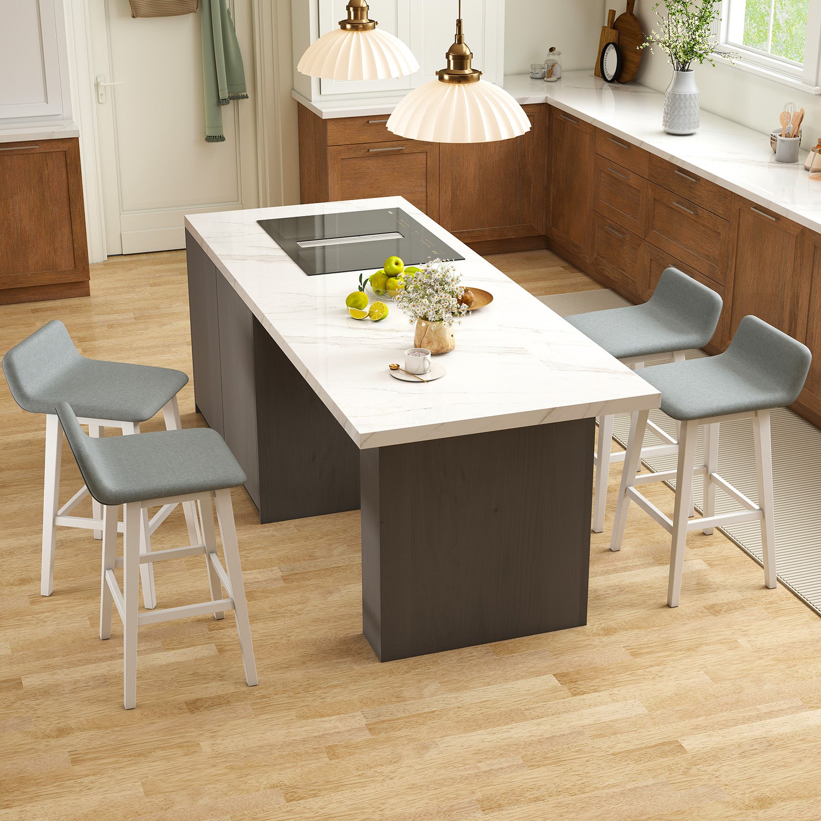 29 Inch Low-Back High-Top Chairs with Padded Seat and Rubber Wood Legs-White