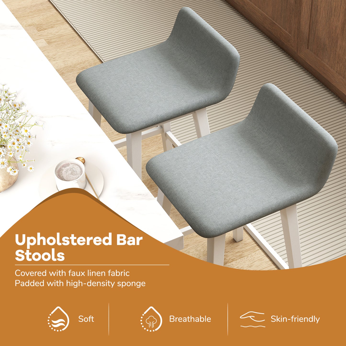 29 Inch Low-Back High-Top Chairs with Padded Seat and Rubber Wood Legs-White