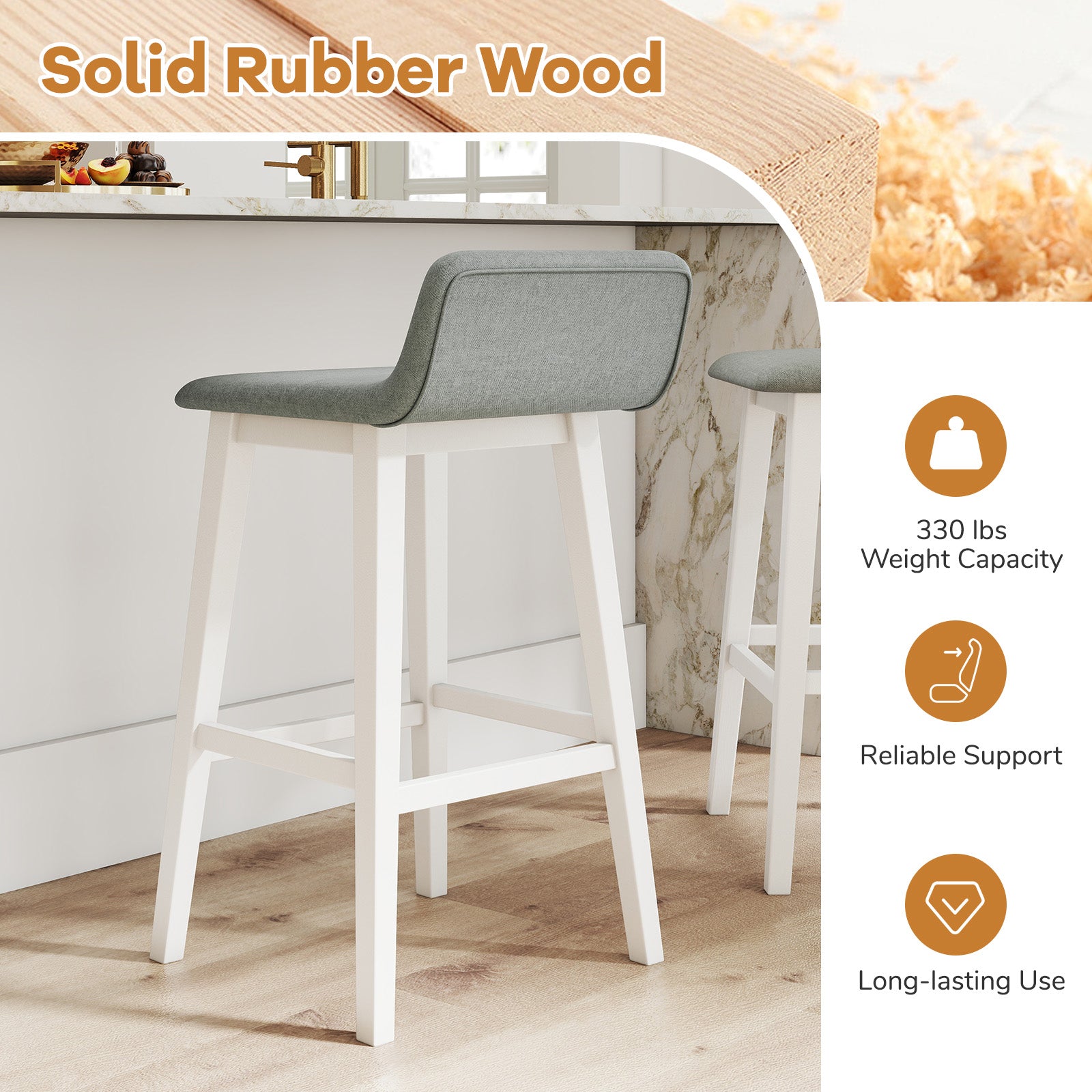 29 Inch Low-Back High-Top Chairs with Padded Seat and Rubber Wood Legs-White