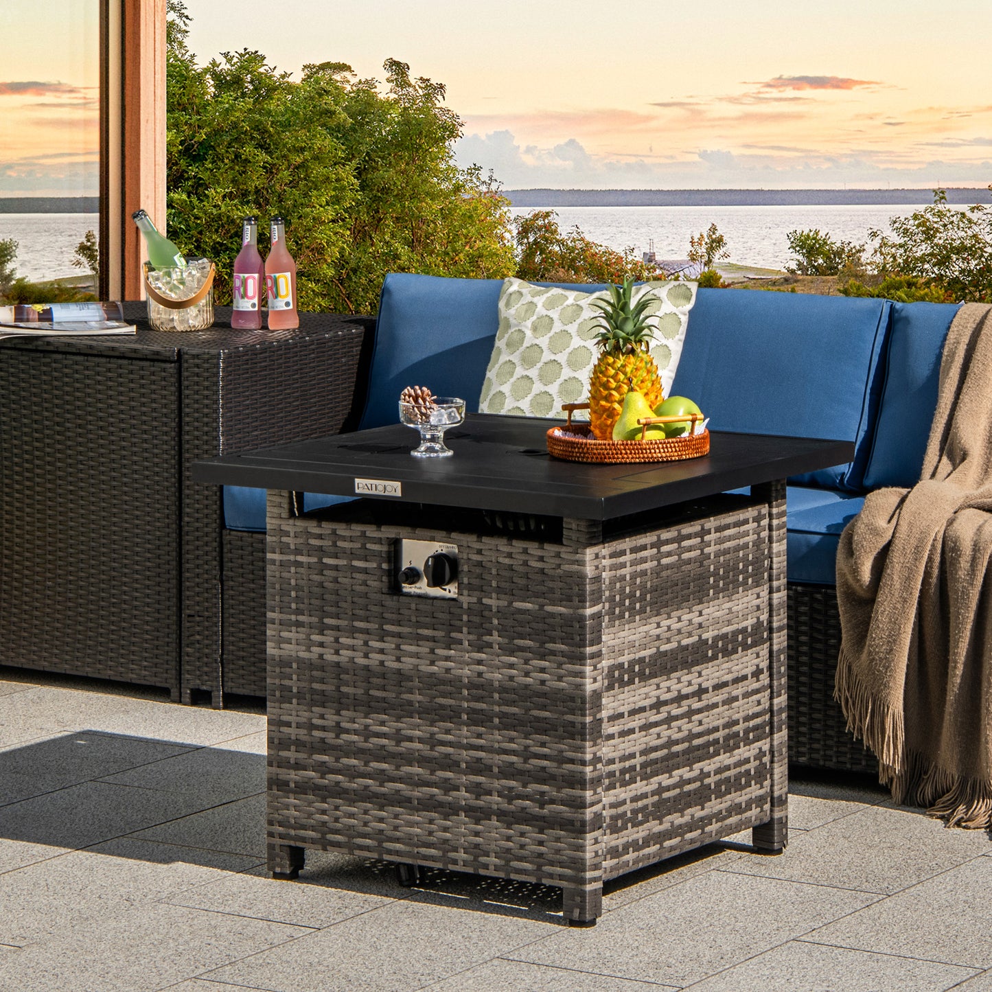 29 Inch Propane Rattan Firepit Table with Lava Rocks and Protective Cover-Gray