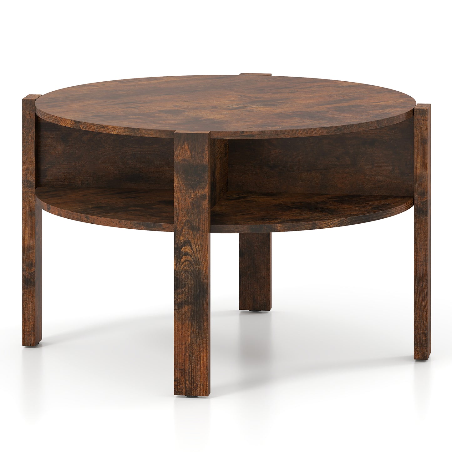 29.5 Inch Round Coffee Table with Storage Shelves for Small Space-White - Rustic Brown