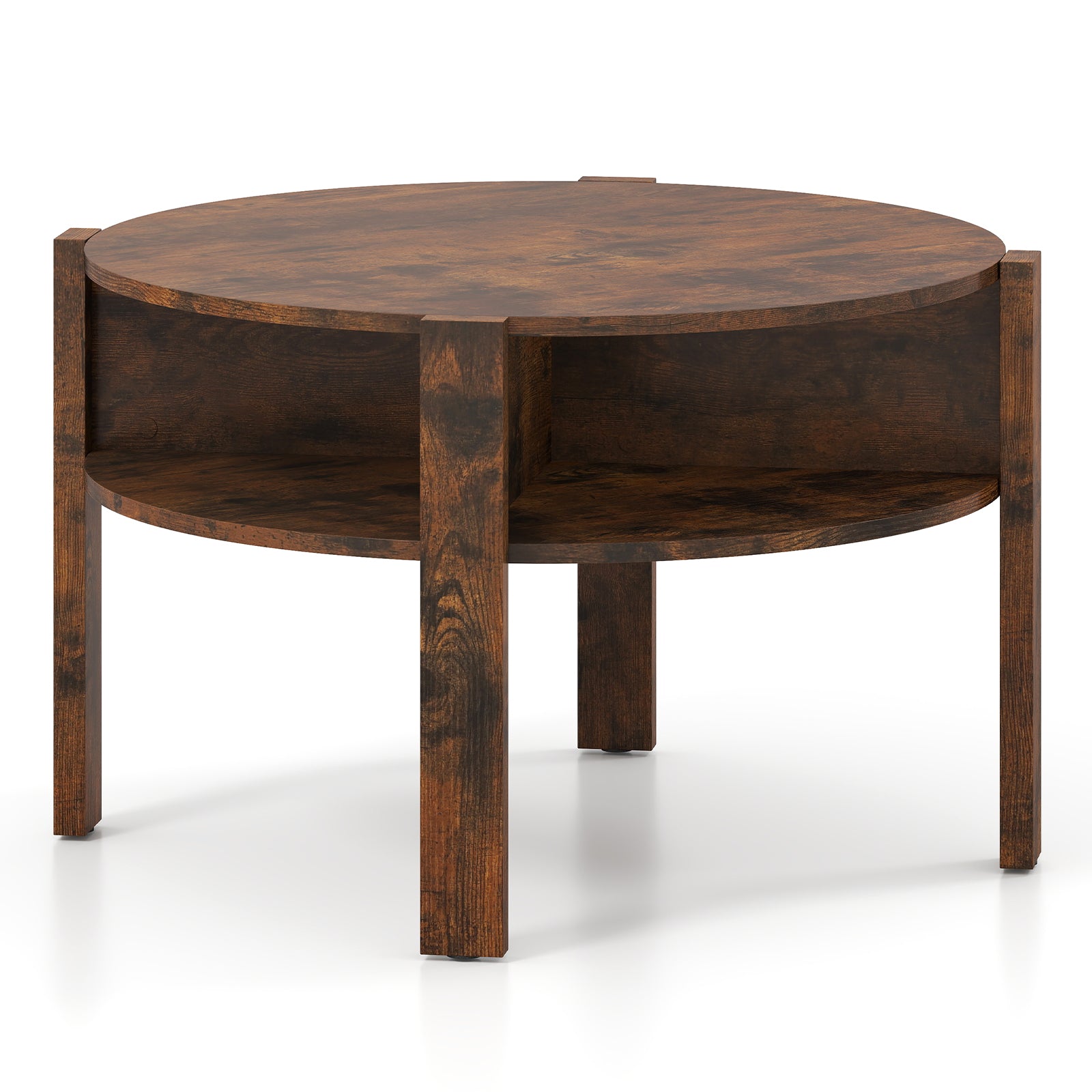 29.5 Inch Round Coffee Table with Storage Shelves for Small Space-White - Rustic Brown