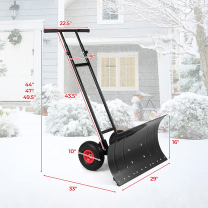 29 Inch Snow Pusher Heavy Duty Metal Shovel with Wheels and Adjustable Handle-Black