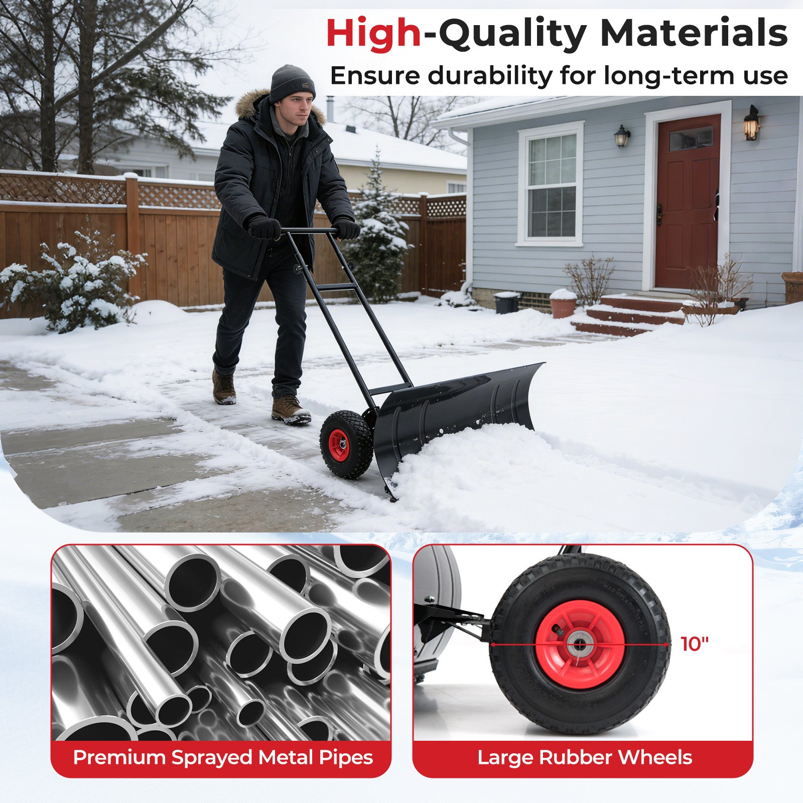 29 Inch Snow Pusher Heavy Duty Metal Shovel with Wheels and Adjustable Handle-Black