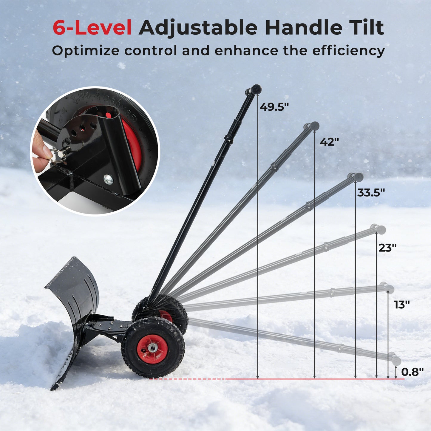 29 Inch Snow Pusher Heavy Duty Metal Shovel with Wheels and Adjustable Handle-Black