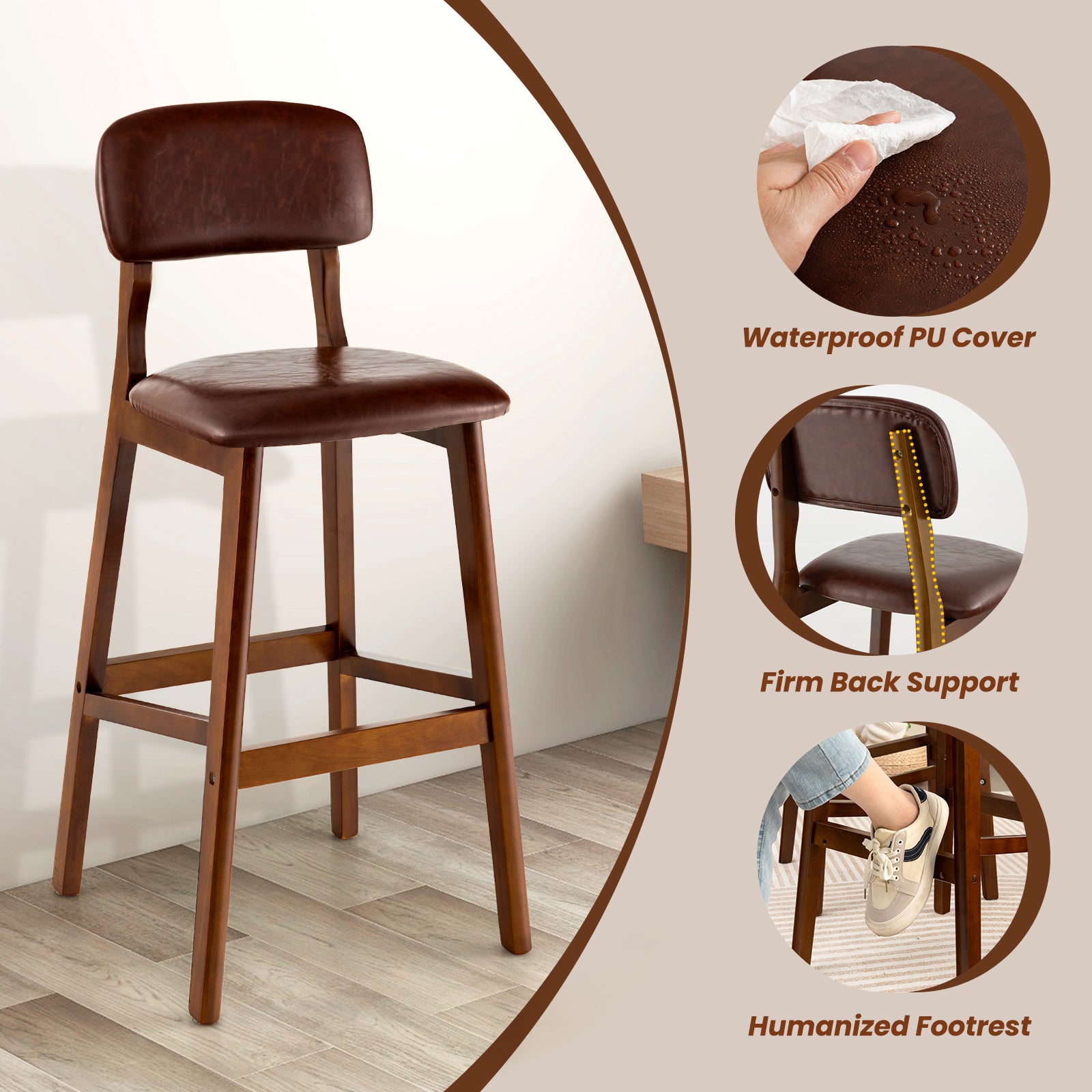 29 Inch Upholstered PU Bar Stools with Rubber Wood Legs-Set of 2