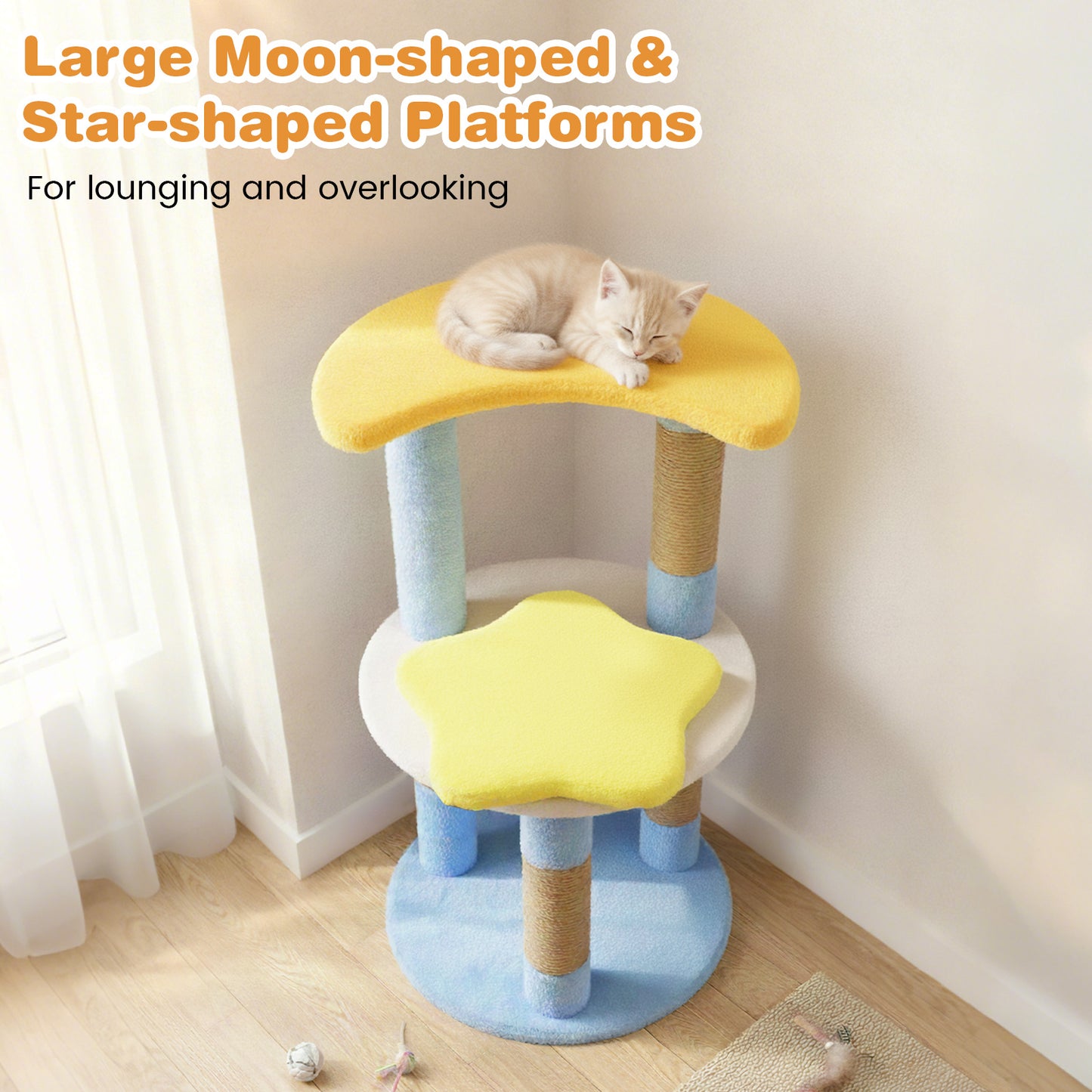29 Inches Cute Modern Cat Tree with Star and Moon Shaped Platforms-Blue
