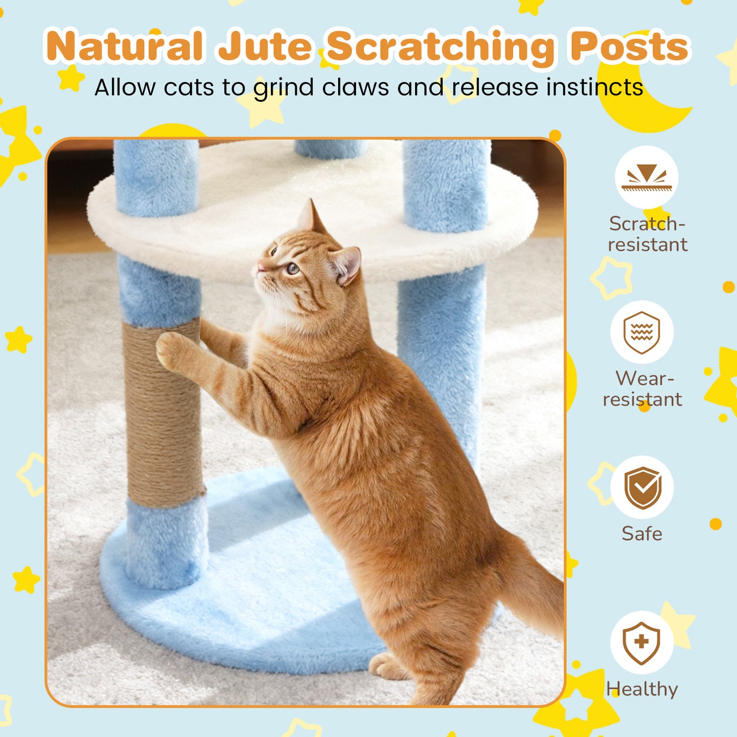 29 Inches Cute Modern Cat Tree with Star and Moon Shaped Platforms-Blue