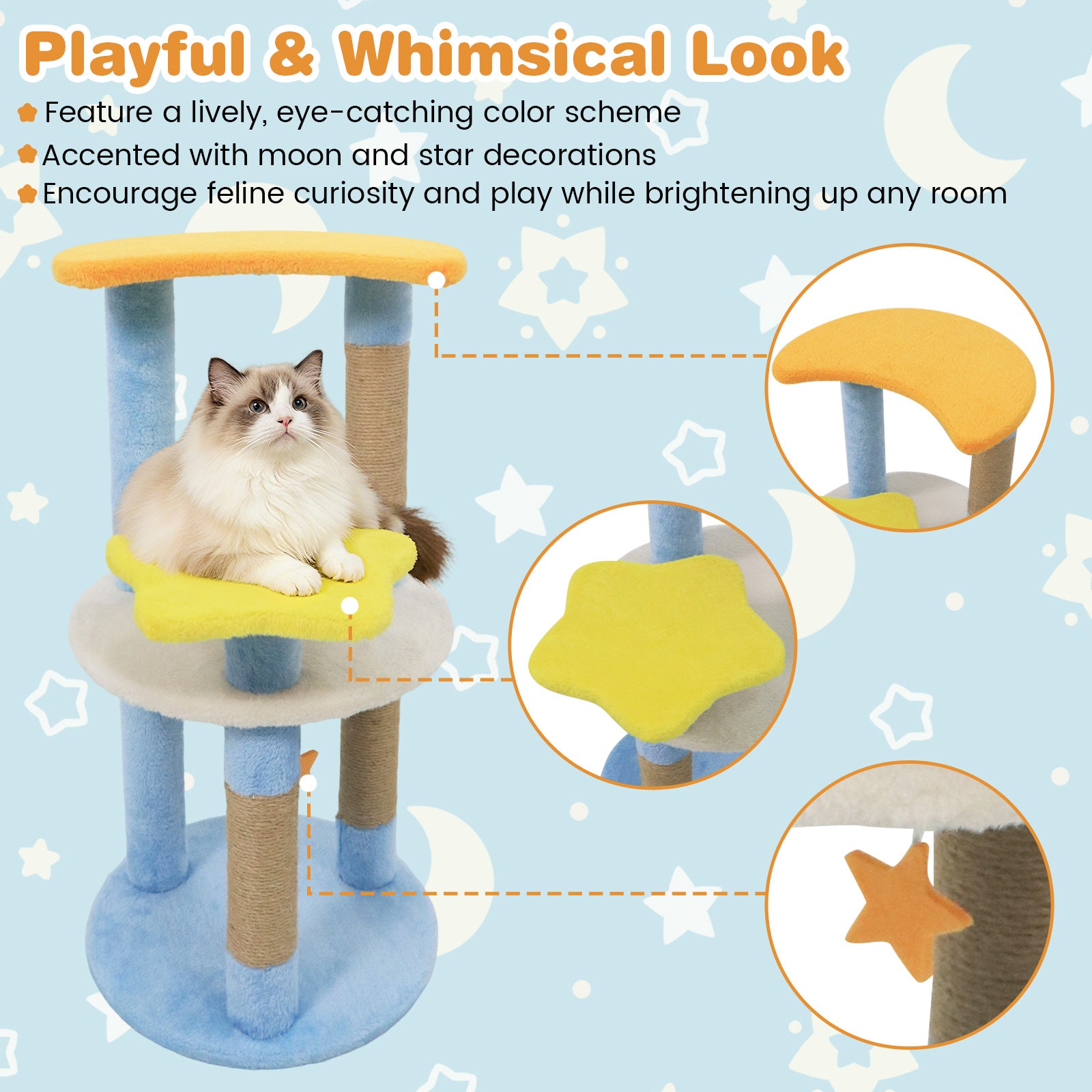 29 Inches Cute Modern Cat Tree with Star and Moon Shaped Platforms-Blue
