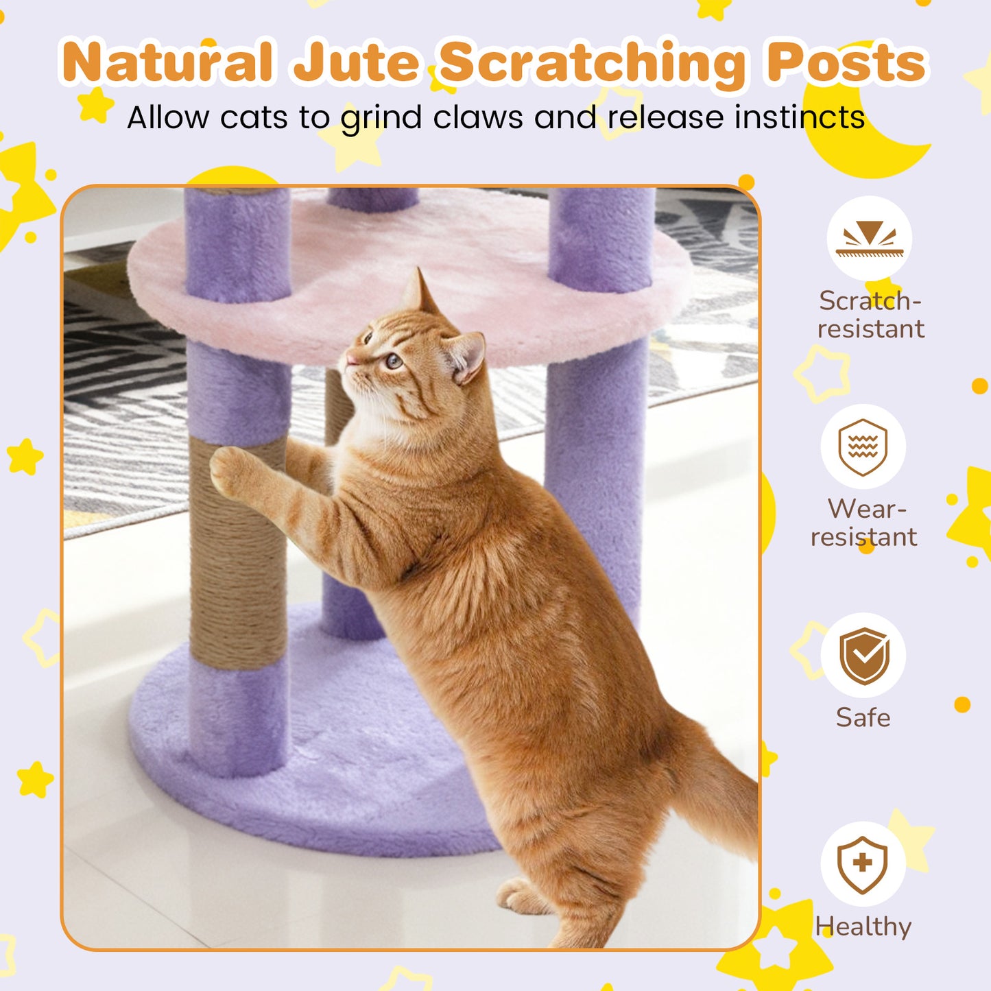 29 Inches Cute Modern Cat Tree with Star and Moon Shaped Platforms-Purple
