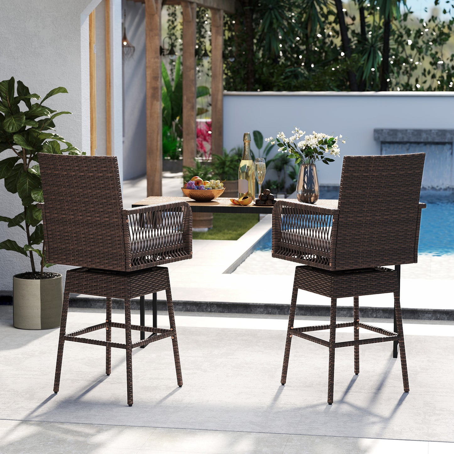 29 Inches Patio 360¬∞ Swivel Bar Stool with Cross-Woven Armrests and Seat Cushion-White