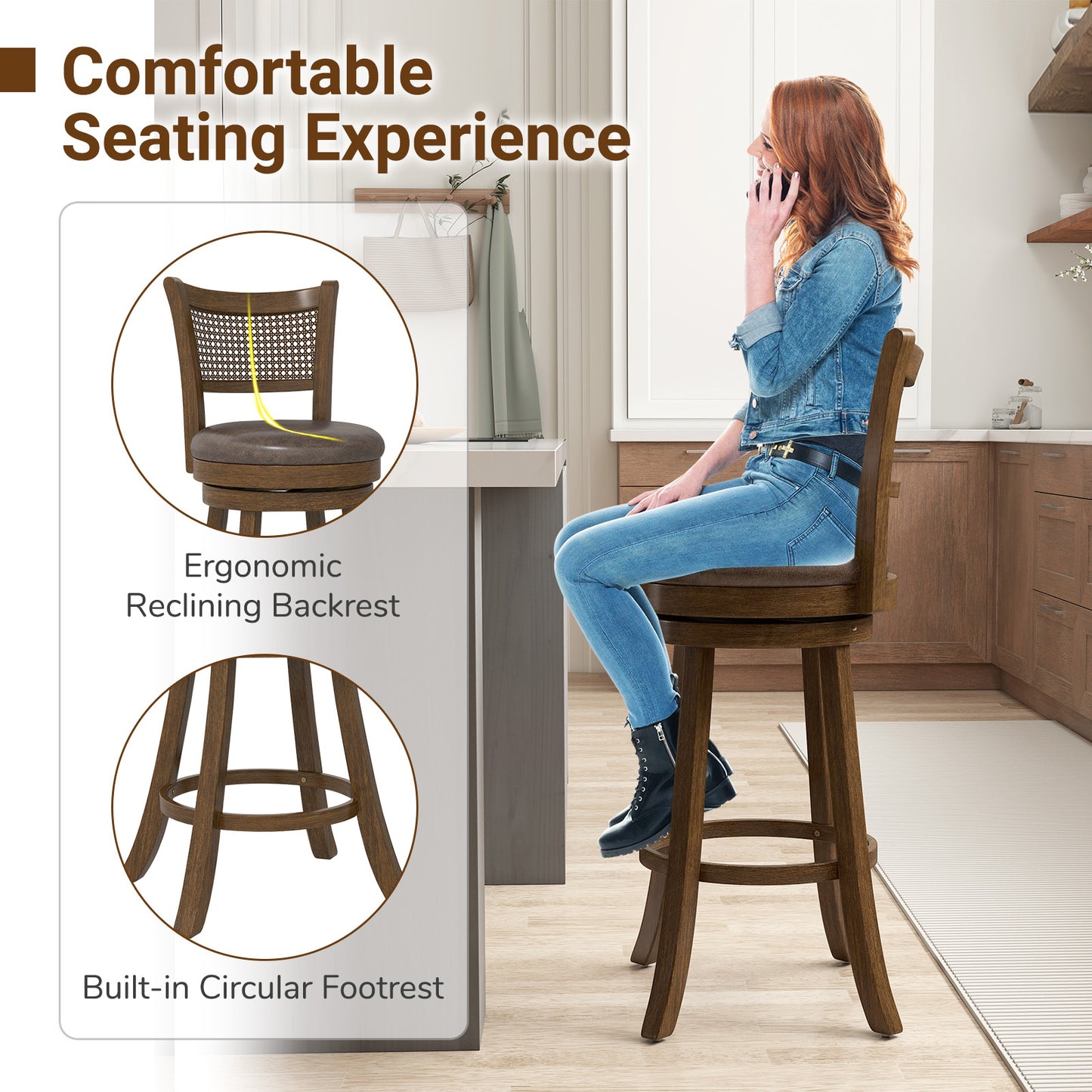 29 Inches Swivel Counter Height Barstool Set of 2 with Rattan Backrest and Footrest-Brown