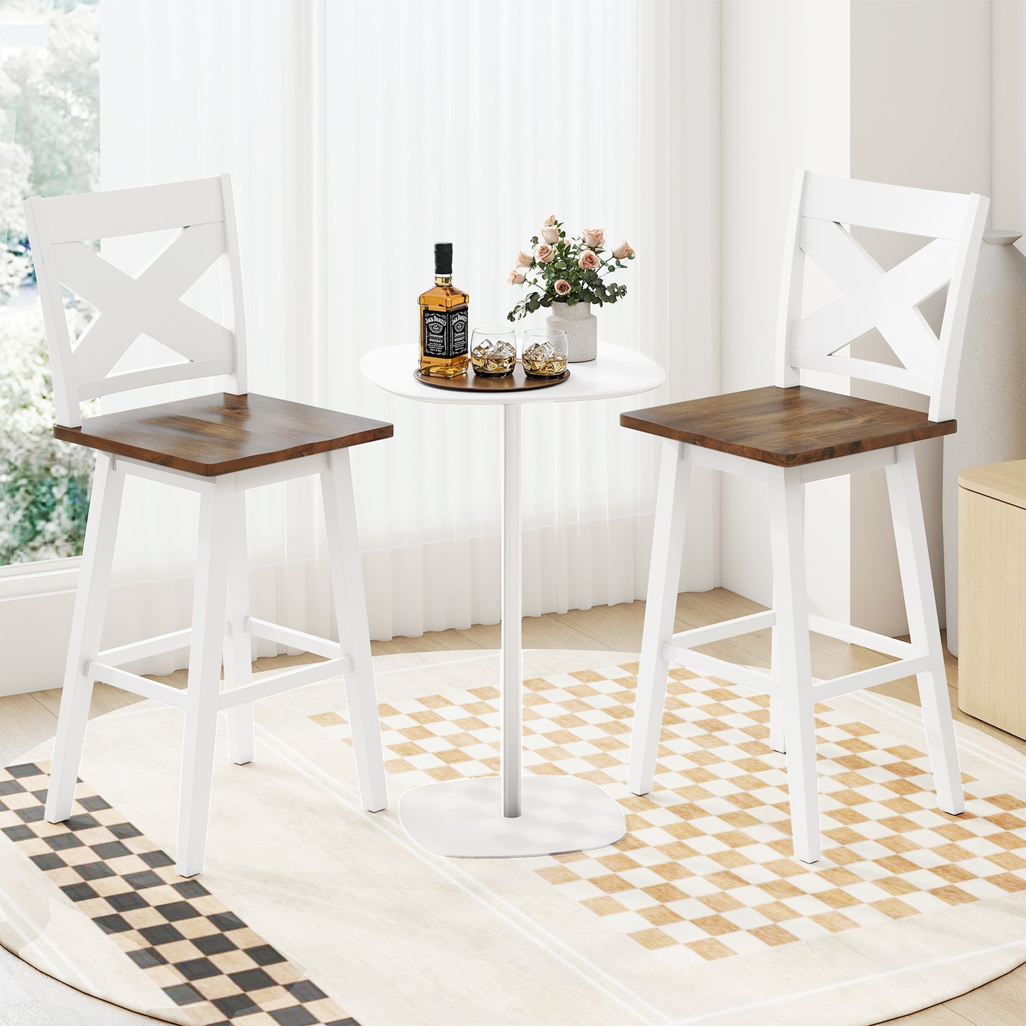 29" Rubberwood Swivel Barstools Set of 2 with Backrest and Large Seat-White