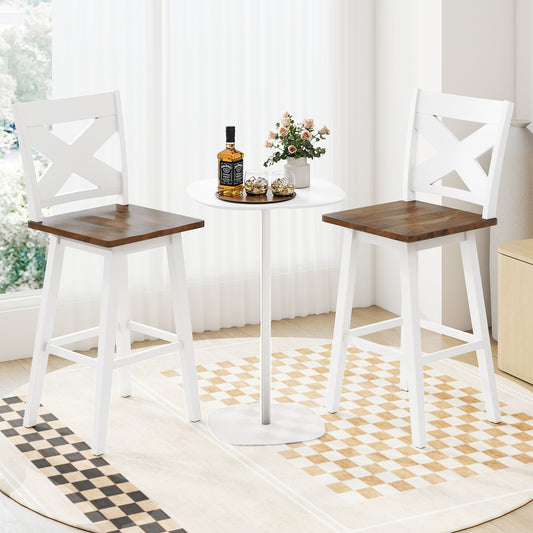 29" Rubberwood Swivel Barstools Set of 2 with Backrest and Large Seat-White