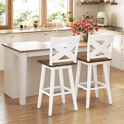 29" Rubberwood Swivel Barstools Set of 2 with Backrest and Large Seat-White