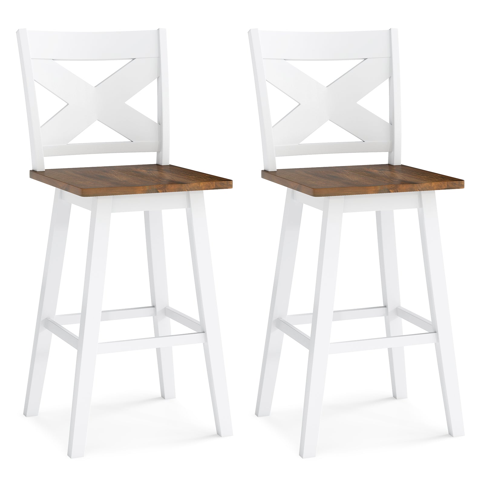 29" Rubberwood Swivel Barstools Set of 2 with Backrest and Large Seat-White