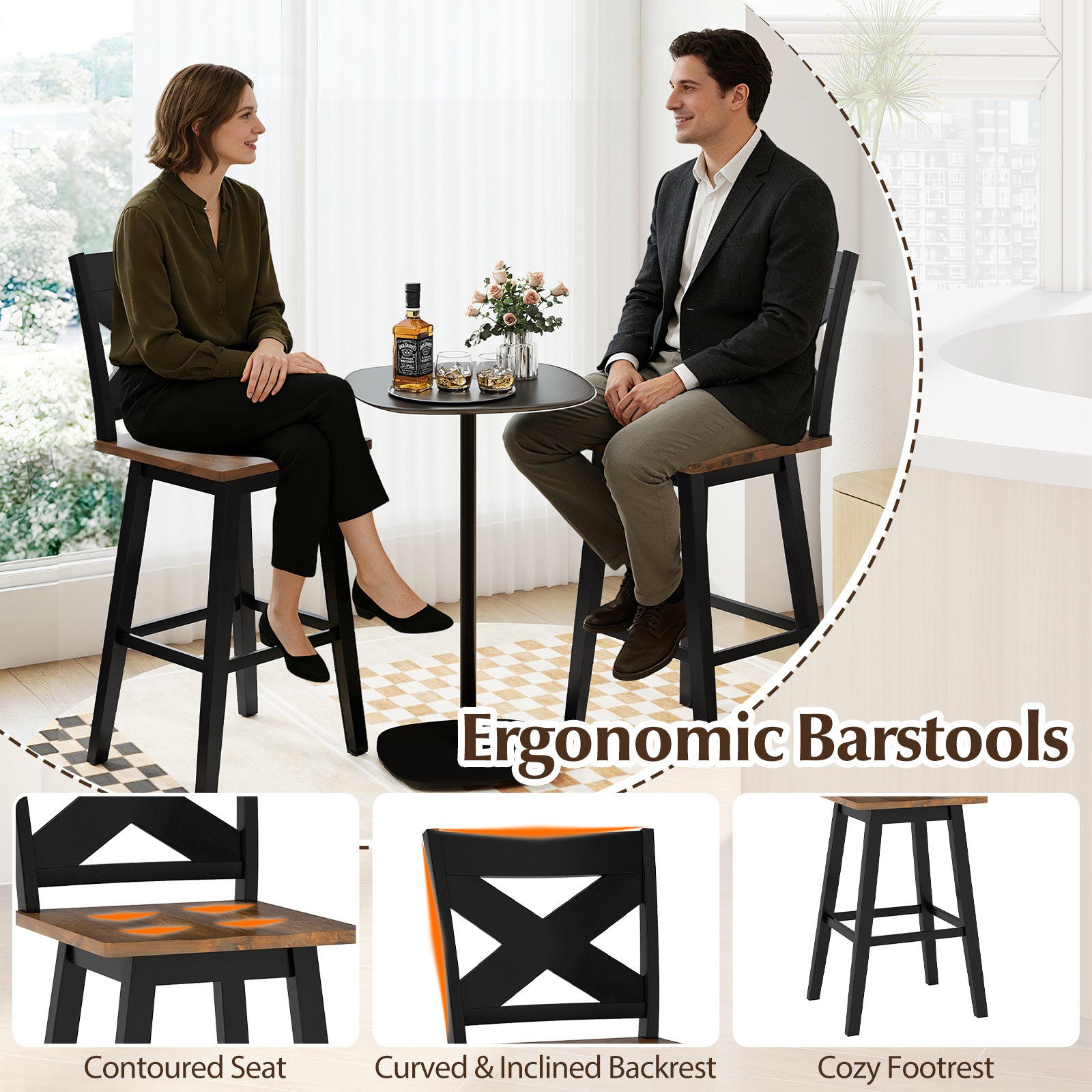 29" Rubberwood Swivel Barstools Set of 4 with Backrest and Large Seat-Black