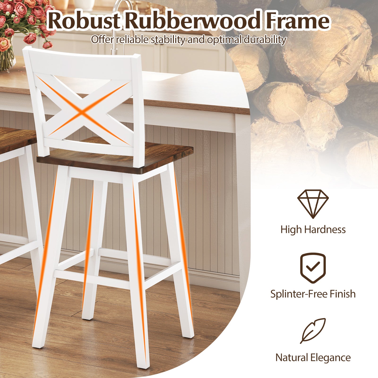 29" Rubberwood Swivel Barstools Set of 4 with Backrest and Large Seat-White