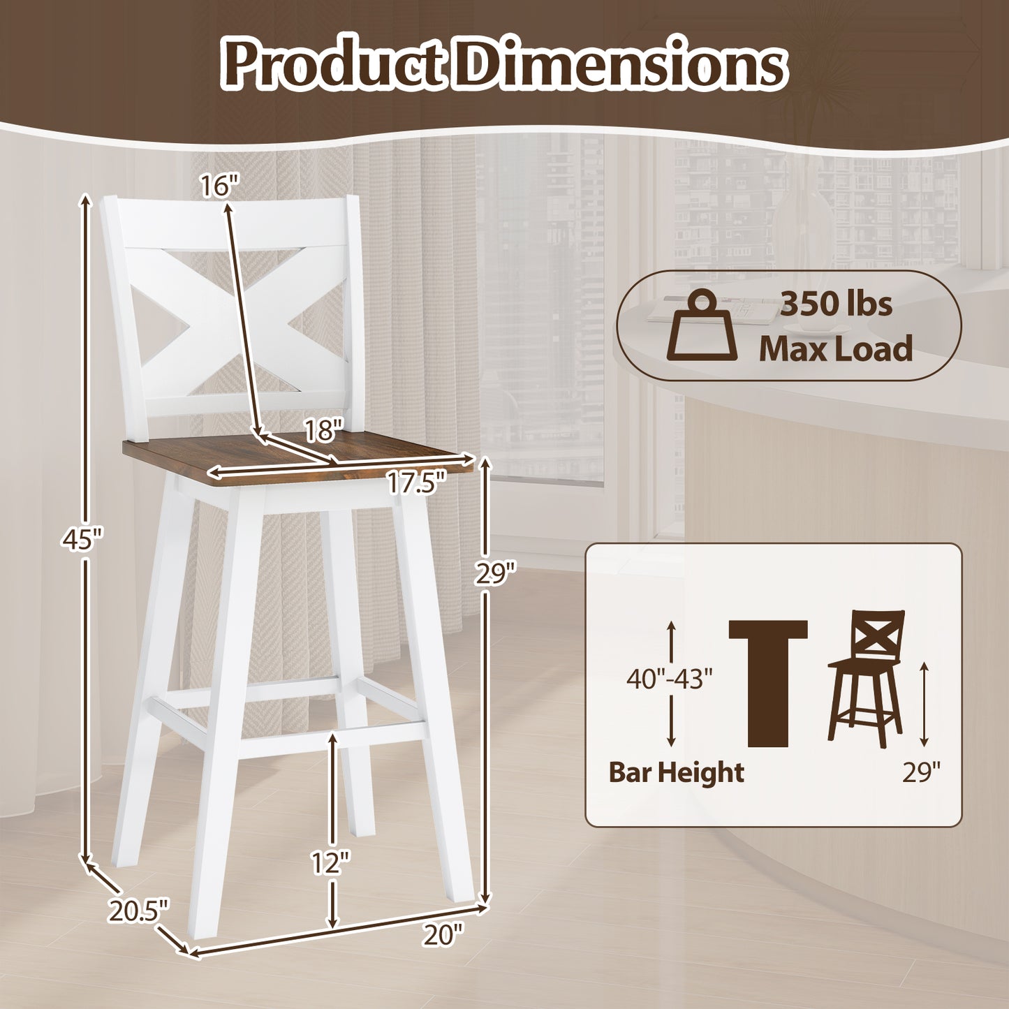 29" Rubberwood Swivel Barstools Set of 2 with Backrest and Large Seat-White