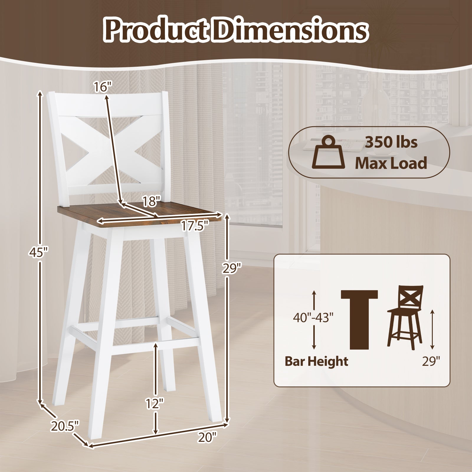29" Rubberwood Swivel Barstools Set of 4 with Backrest and Large Seat-White