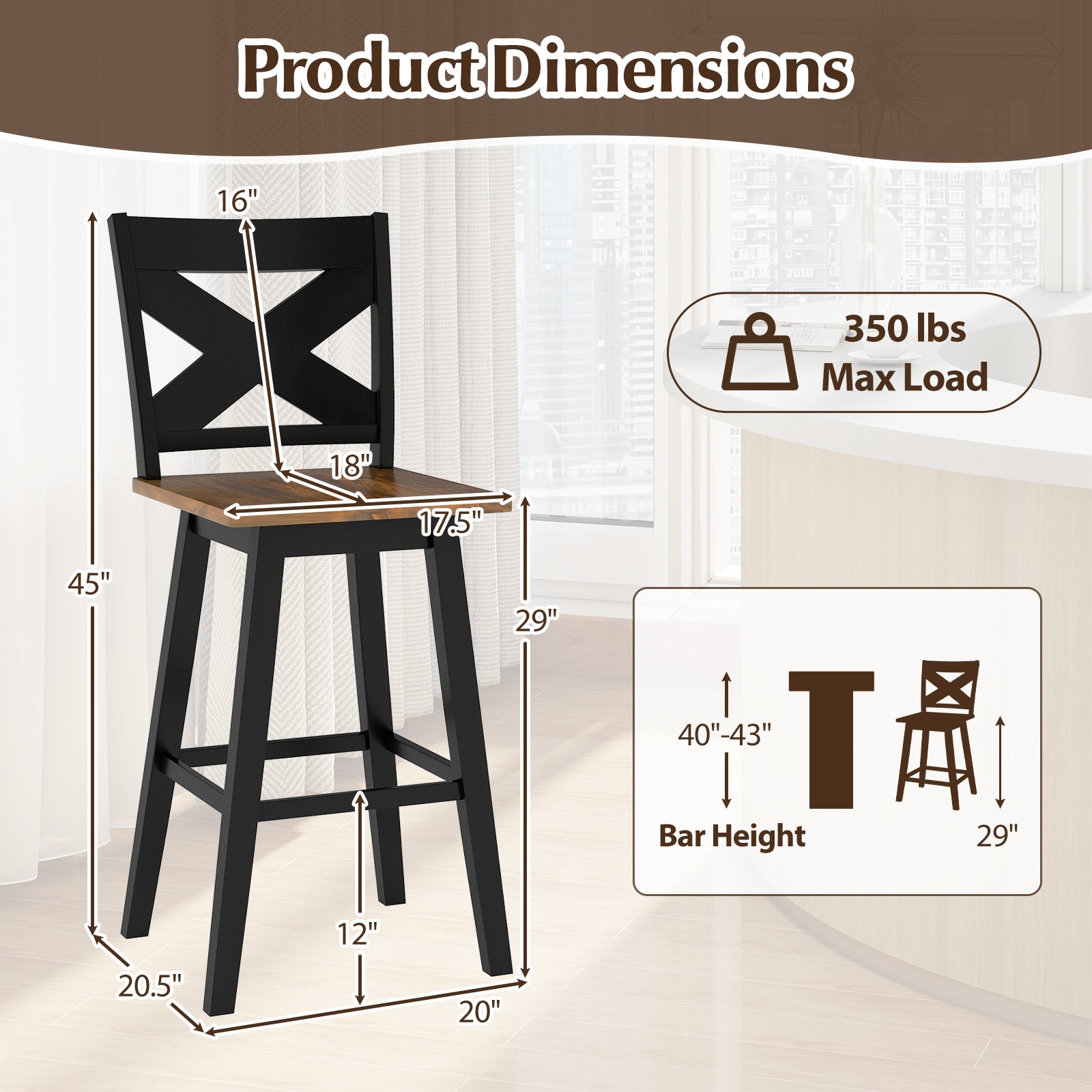 29" Rubberwood Swivel Barstools Set of 4 with Backrest and Large Seat-Black