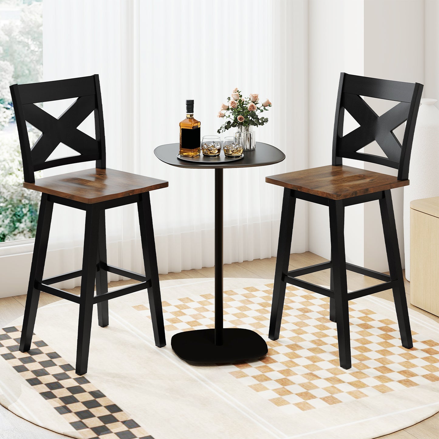 29" Rubberwood Swivel Barstools Set of 2 with Backrest and Large Seat-Black
