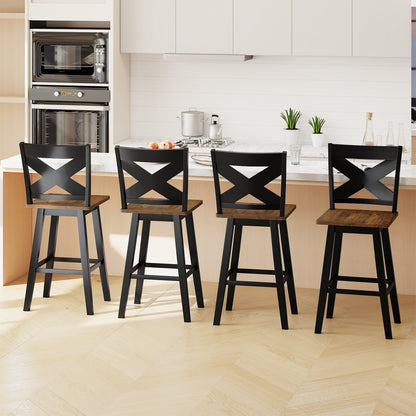 29" Rubberwood Swivel Barstools Set of 2 with Backrest and Large Seat-Black
