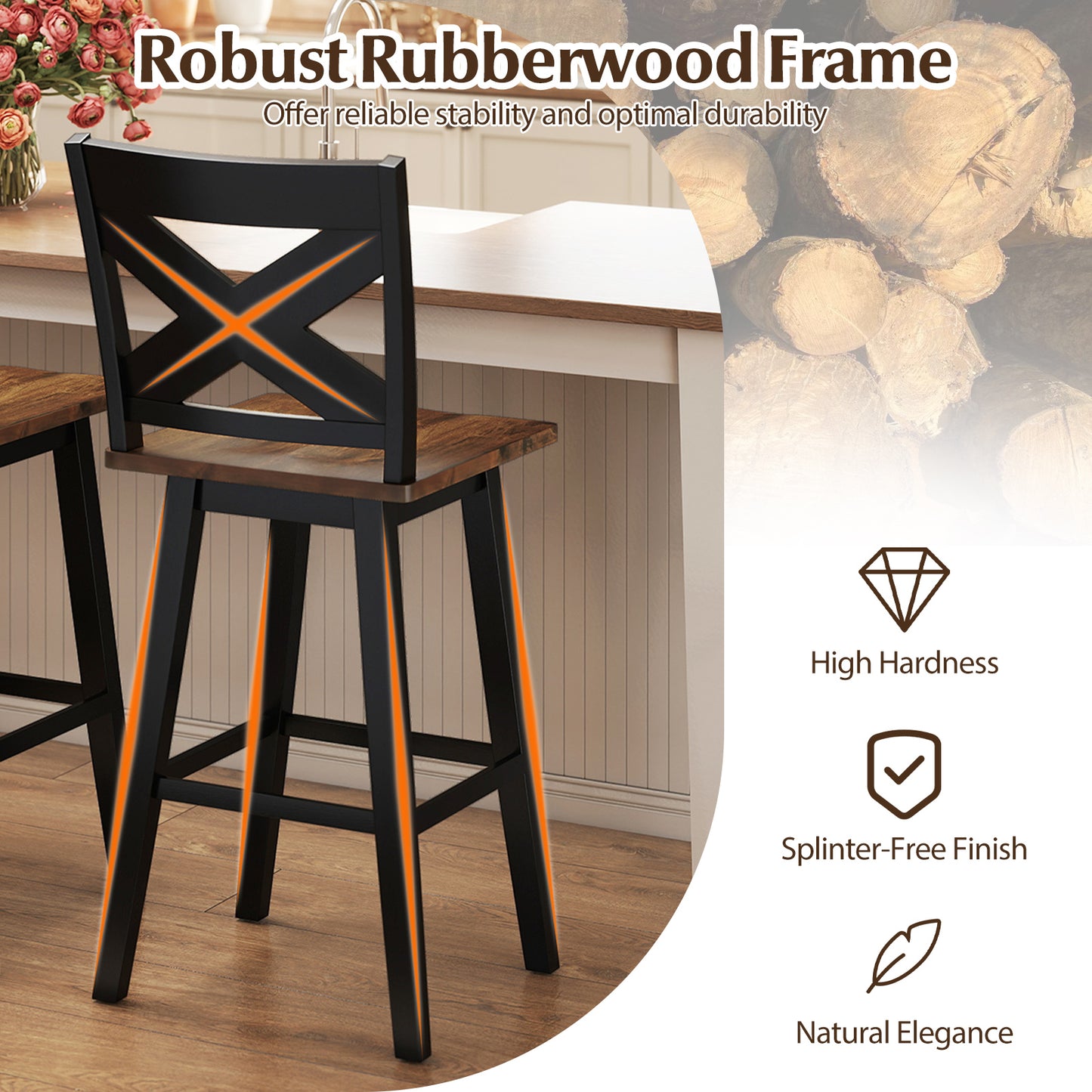 29" Rubberwood Swivel Barstools Set of 2 with Backrest and Large Seat-Black