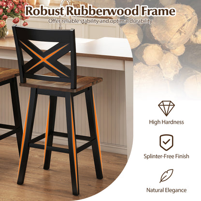 29" Rubberwood Swivel Barstools Set of 2 with Backrest and Large Seat-Black