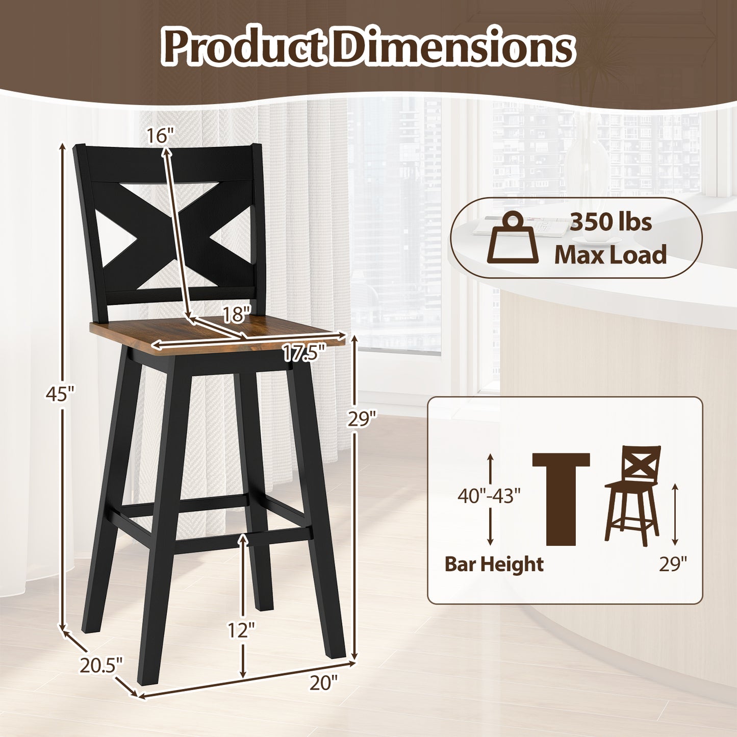 29" Rubberwood Swivel Barstools Set of 2 with Backrest and Large Seat-Black