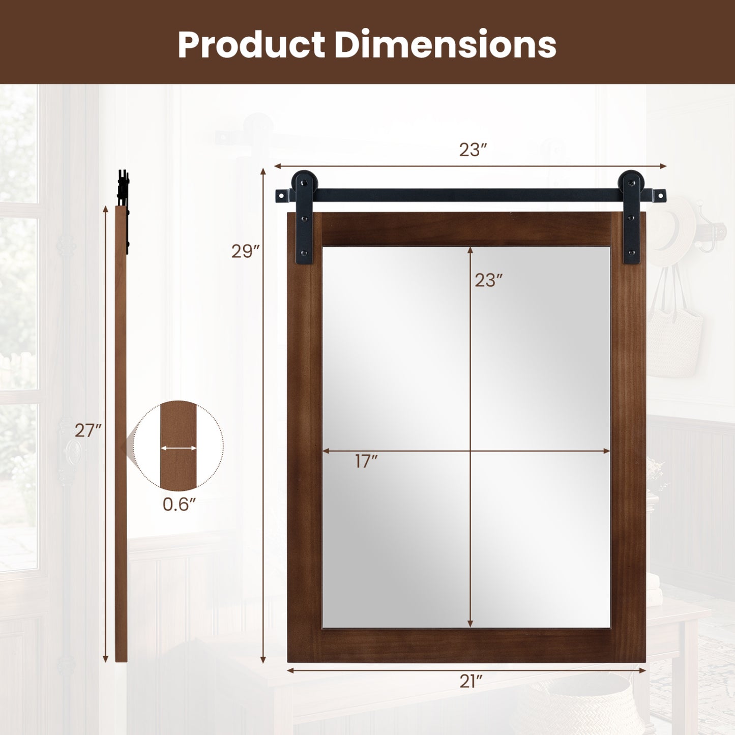 Rectangle Farmhouse Wall Mirror with Metal Bracket 29" x 23"