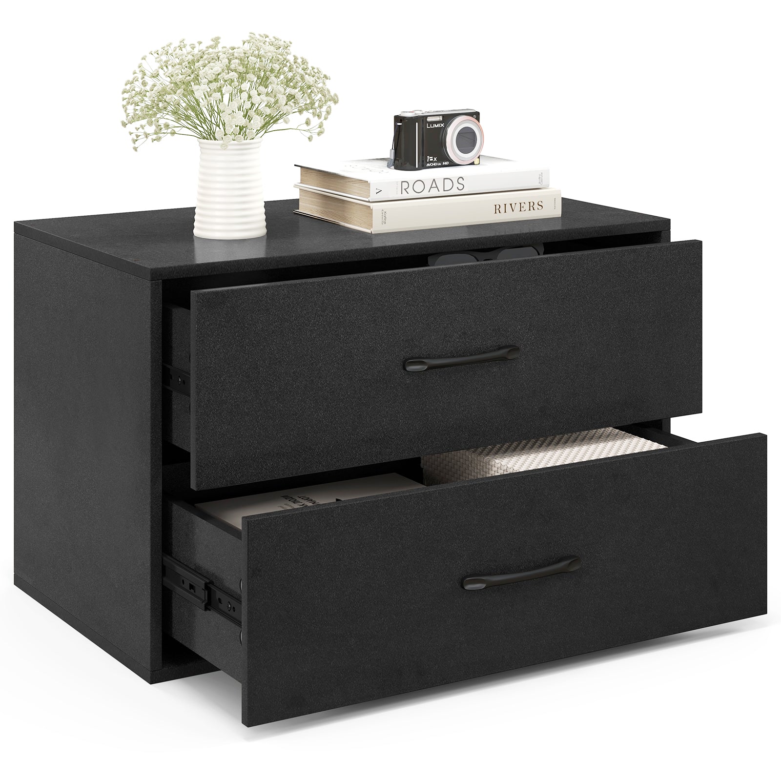 2-Drawer Stackable Horizontal Storage Cabinet Dresser Chest with Handles-Espresso - Black