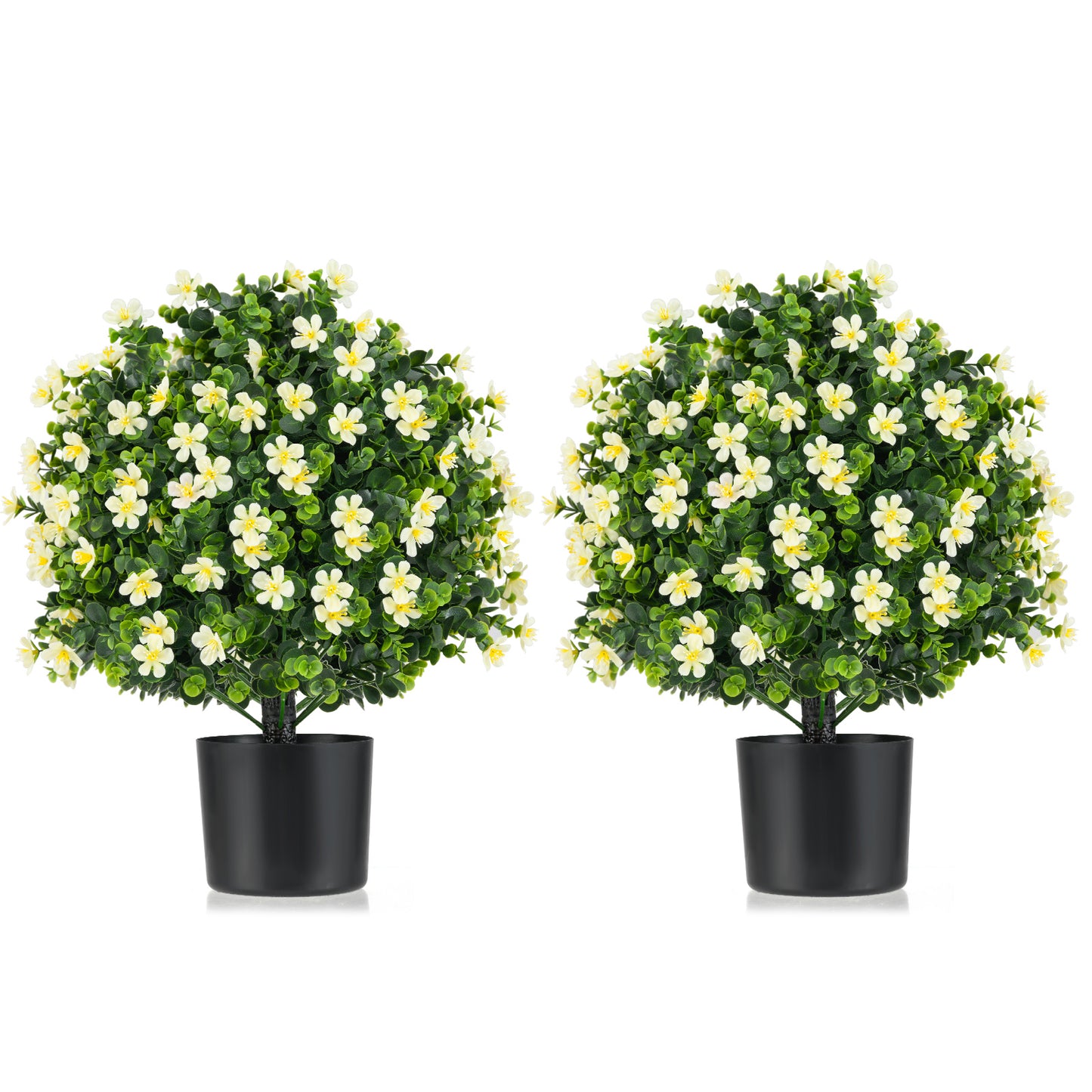 2 Pack Artificial Boxwood Topiary Ball Tree Faux Shrub Bushes with Flowers-White - White