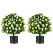 2 Pack Artificial Boxwood Topiary Ball Tree Faux Shrub Bushes with Flowers-White - White