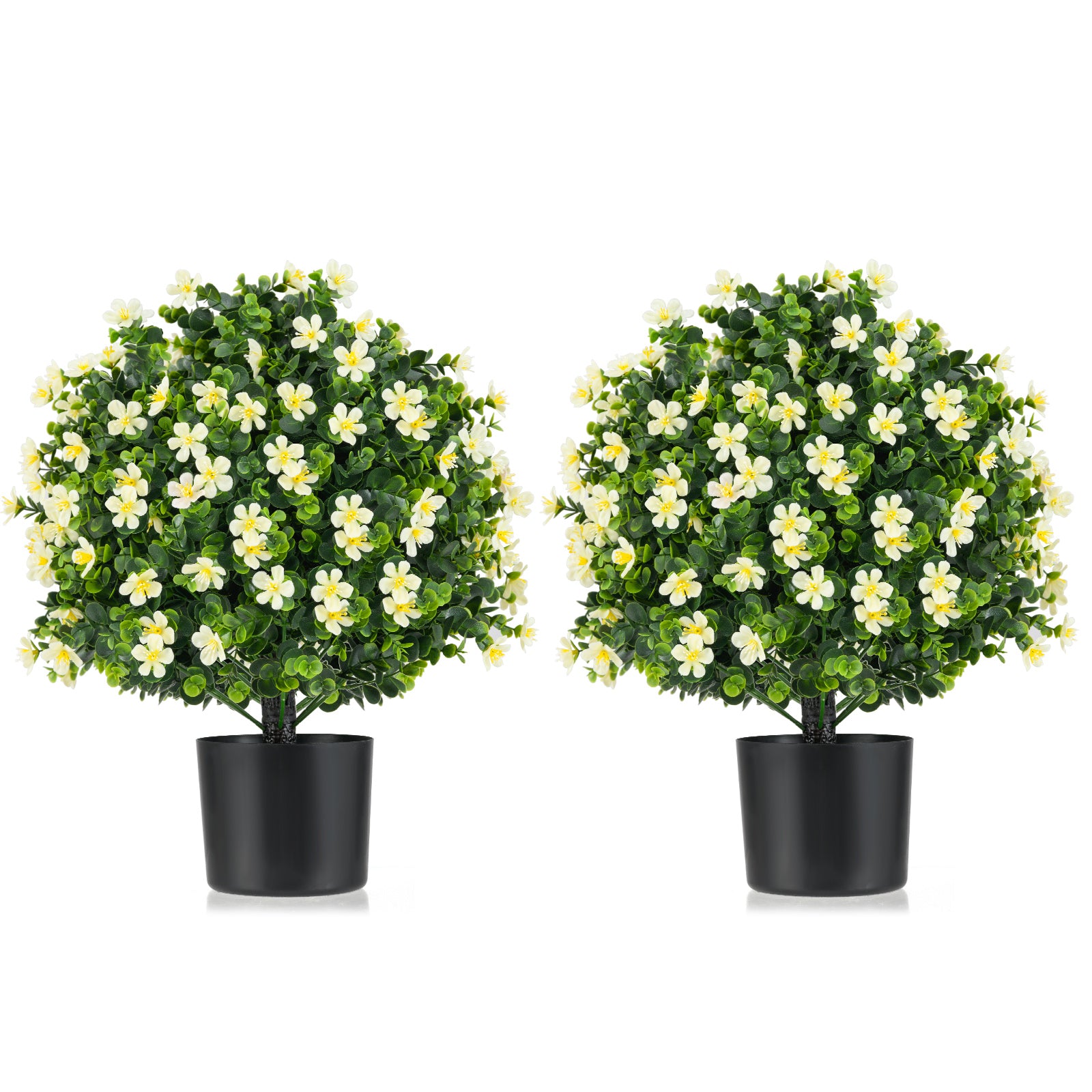 2 Pack Artificial Boxwood Topiary Ball Tree Faux Shrub Bushes with Flowers-White - White