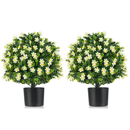 2 Pack Artificial Boxwood Topiary Ball Tree Faux Shrub Bushes with Flowers-White - White