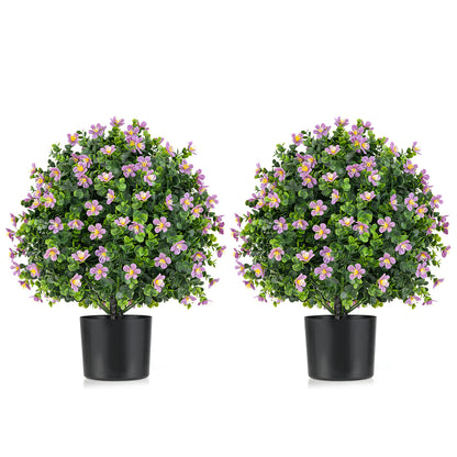 2 Pack Artificial Boxwood Topiary Ball Tree Faux Shrub Bushes with Flowers