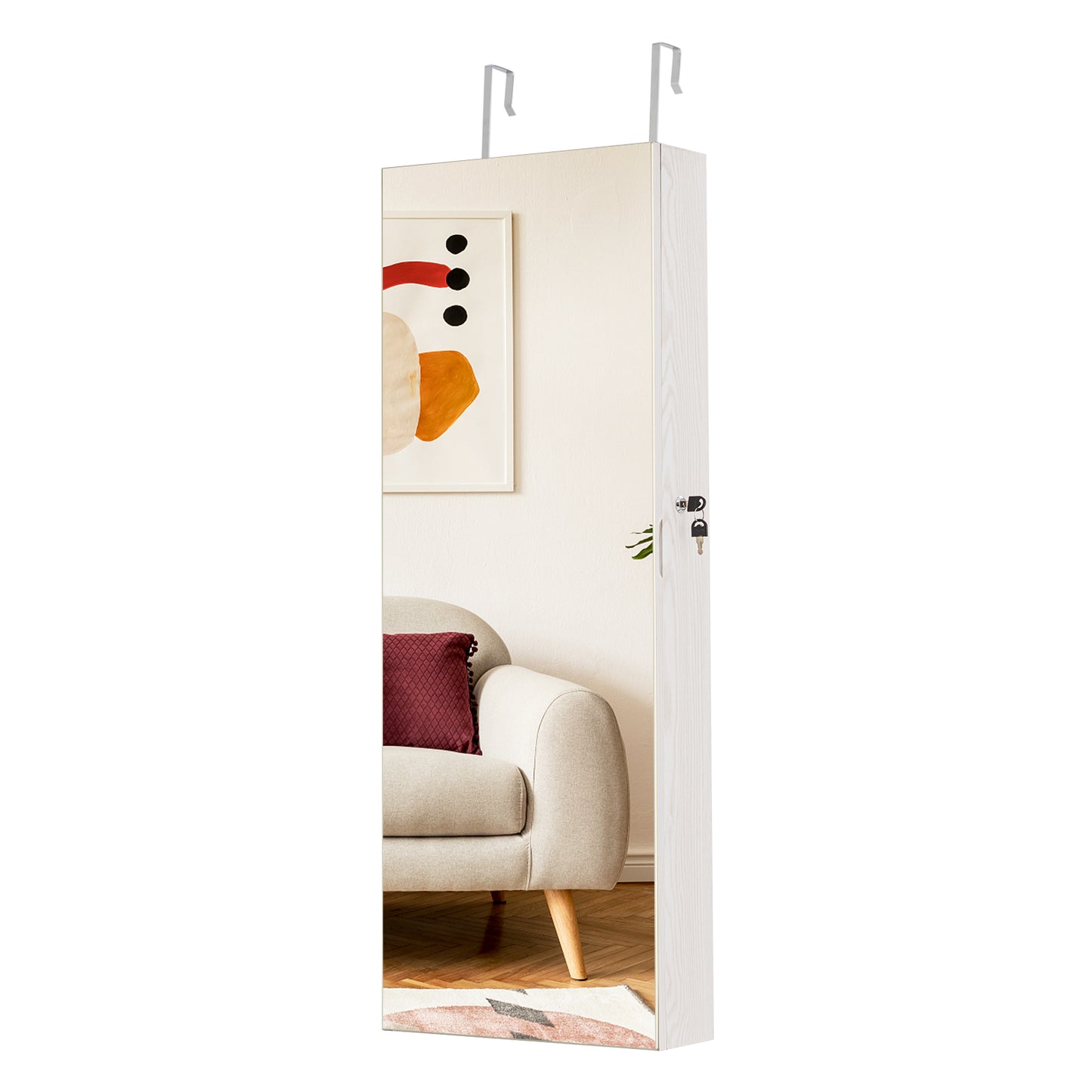 Lockable Storage Jewelry Cabinet with Frameless Mirror-White