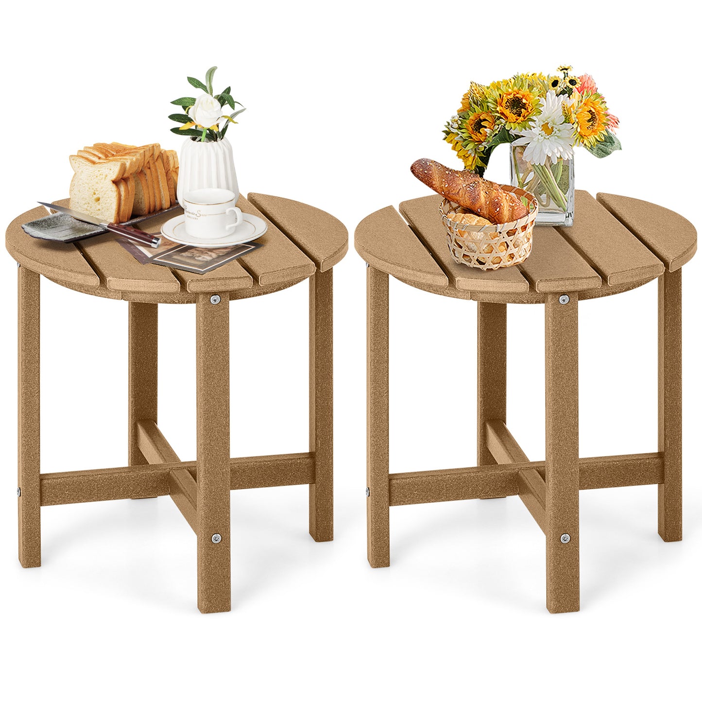 Set of 2 18 Inch Round Weather-Resistant Adirondack Side Tables-White - Brown