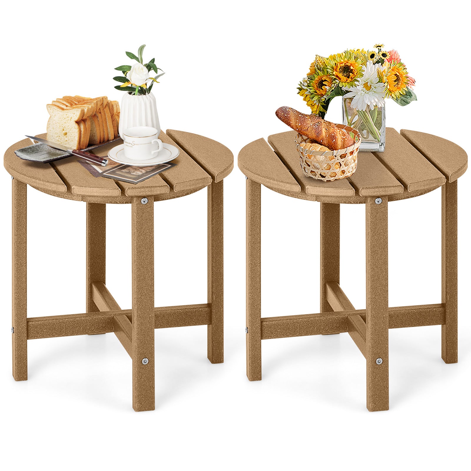 Set of 2 18 Inch Round Weather-Resistant Adirondack Side Tables-White - Brown