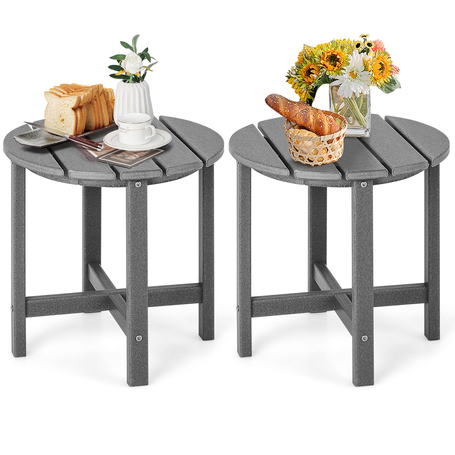 Set of 2 18 Inch Round Weather-Resistant Adirondack Side Tables-White - Gray