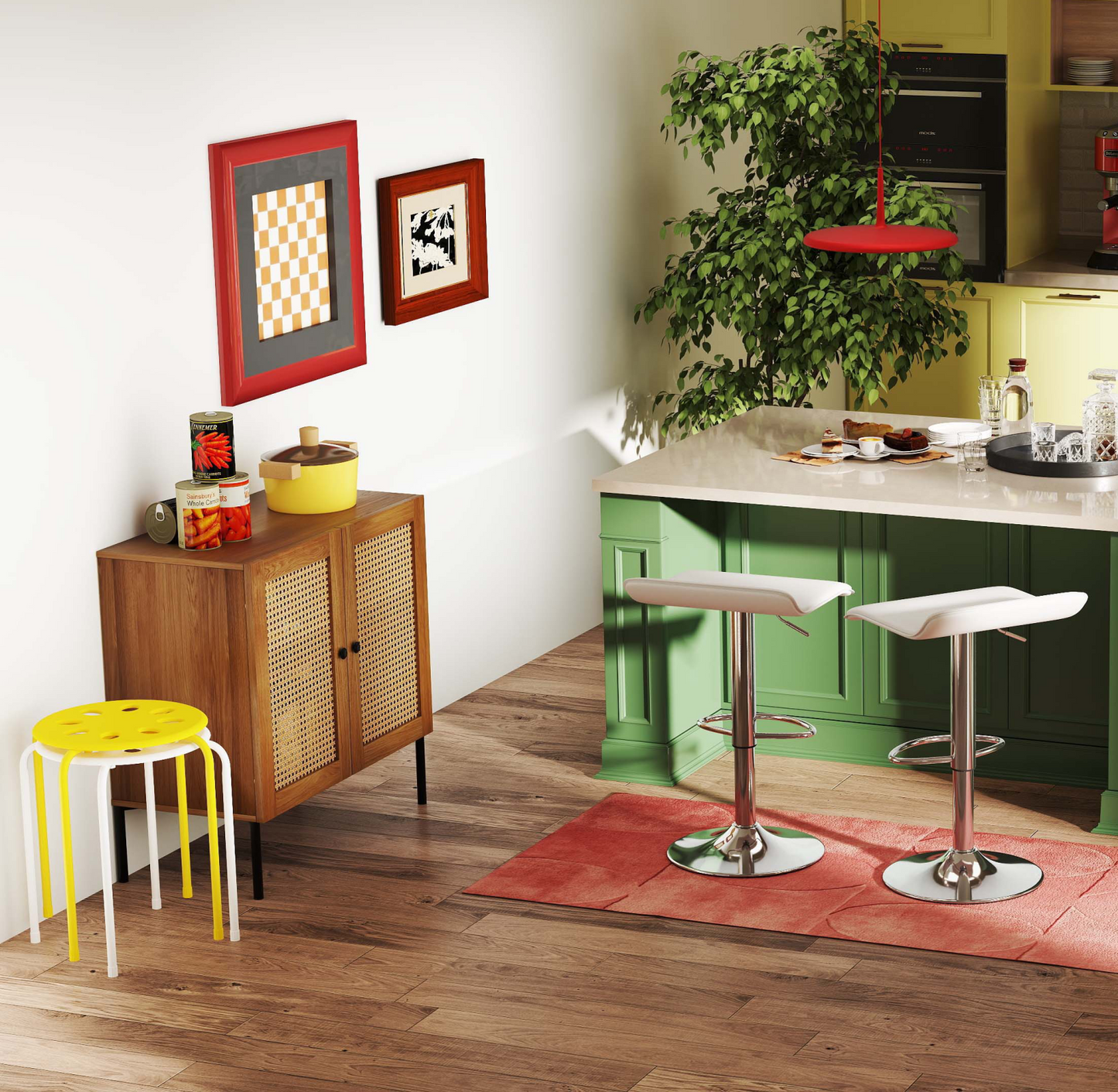 5-Piece Kitchen & Dining Bundle: Adjustable Bar Stools (Set of 2) + Stackable Stools (Set of 6) + Rattan Storage Sideboard