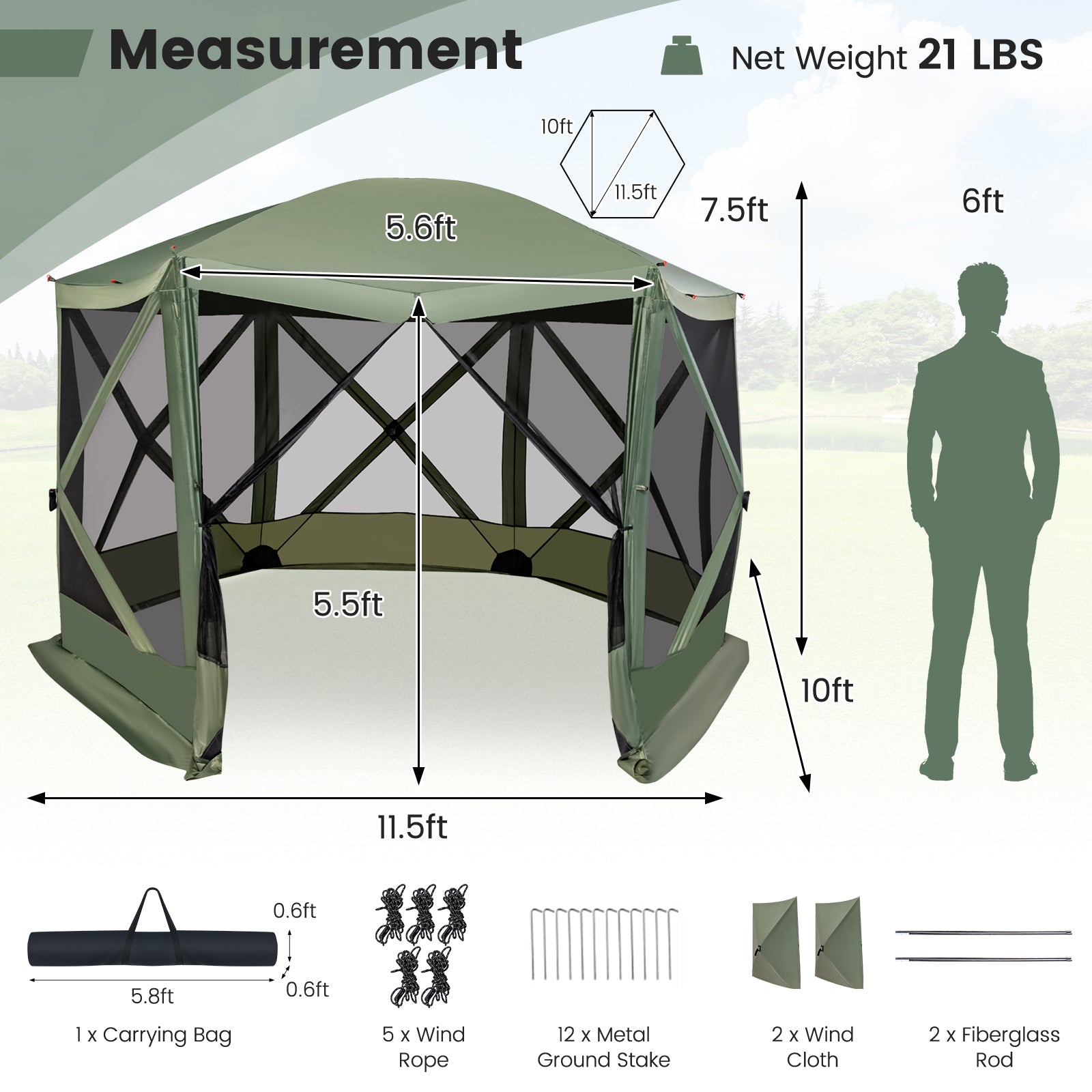 11.5 X 11.5 FT Pop-up Screen House Tent with Portable Carrying Bag-Coffee - Green