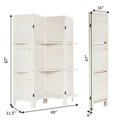 4 Panel Folding Room Divider Screen with 3 Display Shelves