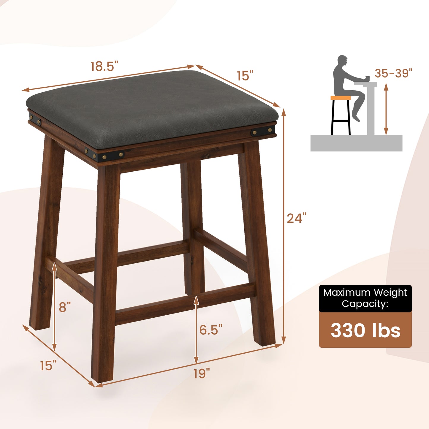 Set of 2 24/30 Inch Dining Bar Stool with Rubber Wood-24 inches
